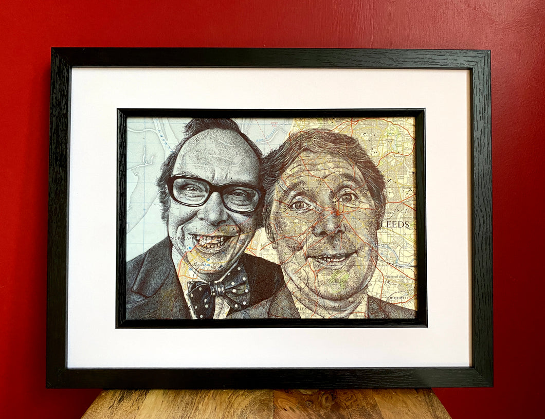 Morecambe and Wise Art Print. Pen drawing over maps. A4 Unframed