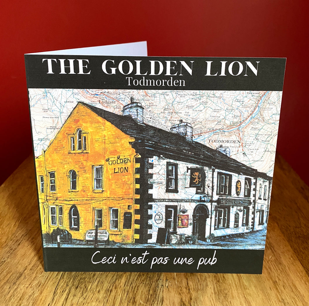 The Golden Lion pub, Todmorden Greeting Card. Printed drawing over map. Blank inside.