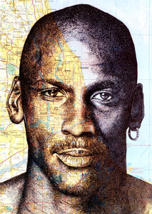 Michael Jordan Art Print. Pen drawing over a map of Chicago. A4 Unframed