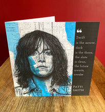 Load image into Gallery viewer, Patti Smith Greeting Card. Printed drawing over vintage map of New York. Blank inside
