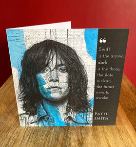 Patti Smith Greeting Card. Printed drawing over vintage map of New York. Blank inside