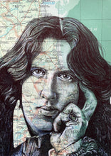 Load image into Gallery viewer, Oscar Wilde Greeting Card. Printed drawing over map of Dublin. Blank inside

