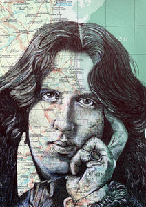 Oscar Wilde Greeting Card. Printed drawing over map of Dublin. Blank inside