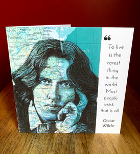Oscar Wilde Greeting Card. Printed drawing over map of Dublin. Blank inside