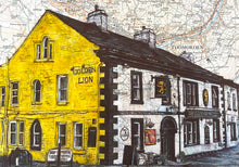 Load image into Gallery viewer, The Golden Lion pub, Todmorden Greeting Card. Printed drawing over map. Blank inside.
