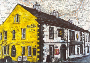 The Golden Lion pub, Todmorden Greeting Card. Printed drawing over map. Blank inside.