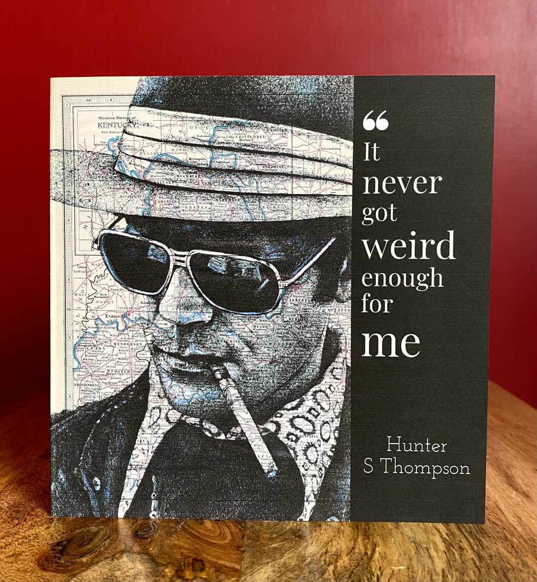 Hunter S Thompson Greeting Card. Printed drawing over map of Kentucky. Blank inside